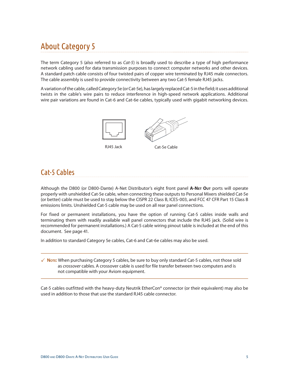 About category 5, Cat-5 cables, About category 5 cat-5 cables | Aviom D800-Dante User Manual | Page 13 / 59