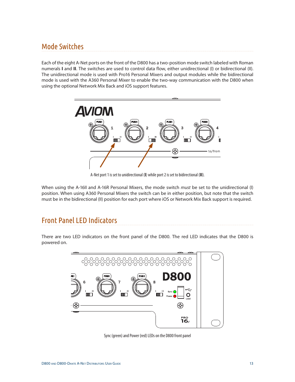 Mode switches, Front panel led indicators, Mode switches front panel led indicators | Aviom D800-Dante User Manual | Page 21 / 59