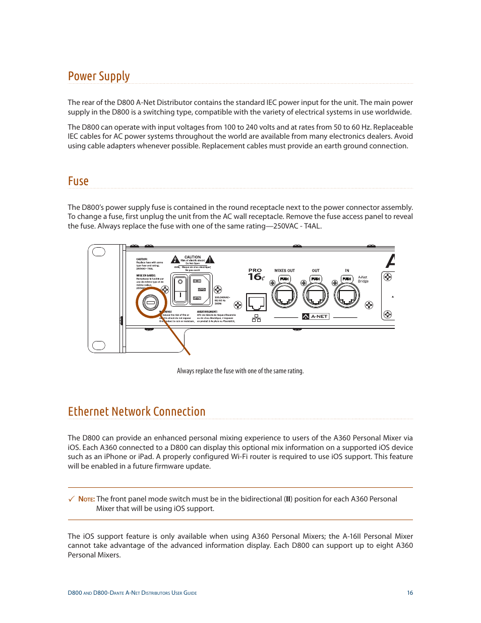 Power supply, Fuse, Ethernet network connection | Power supply fuse ethernet network connection | Aviom D800-Dante User Manual | Page 24 / 59