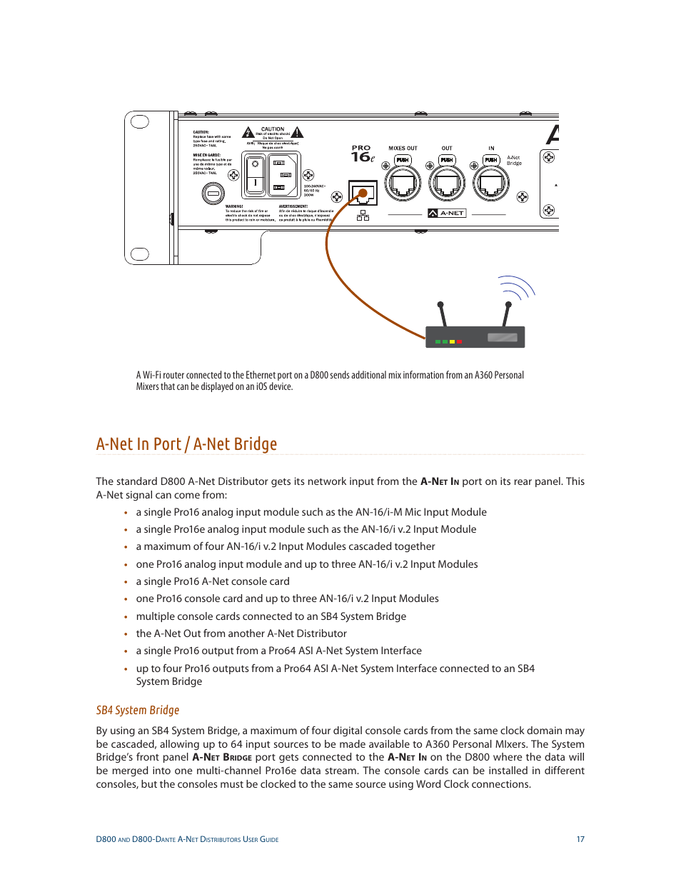 A-net in port / a-net bridge, Sb4 system bridge | Aviom D800-Dante User Manual | Page 25 / 59