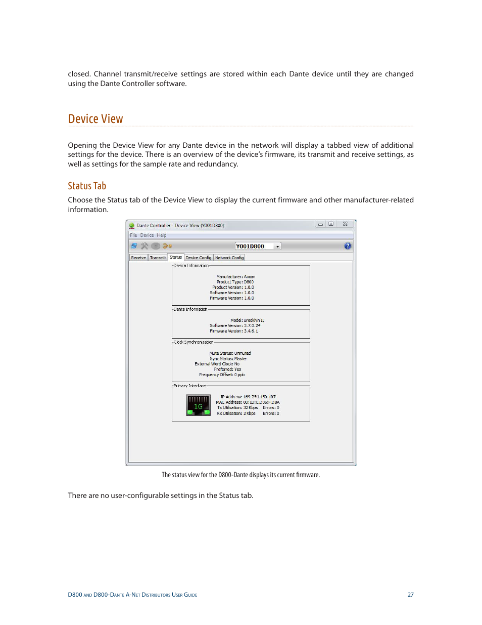 Device view, Status tab | Aviom D800-Dante User Manual | Page 35 / 59