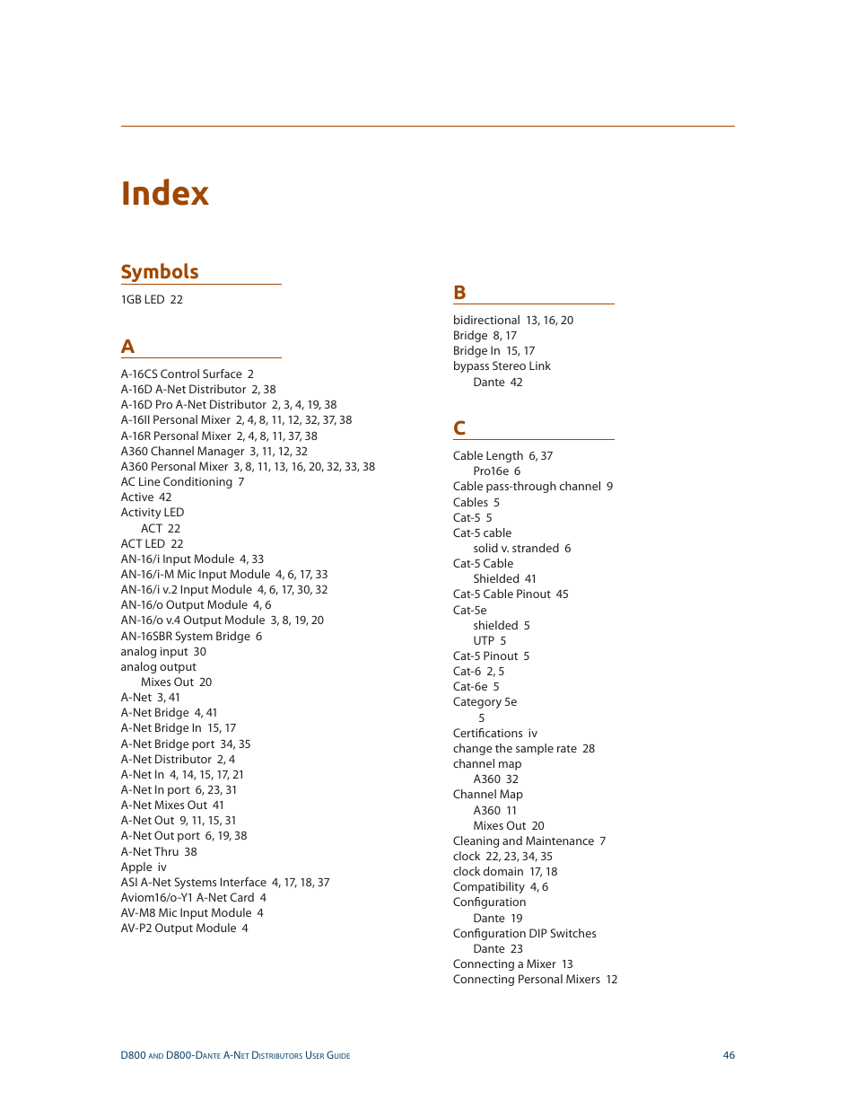 Index, Symbols | Aviom D800-Dante User Manual | Page 54 / 59