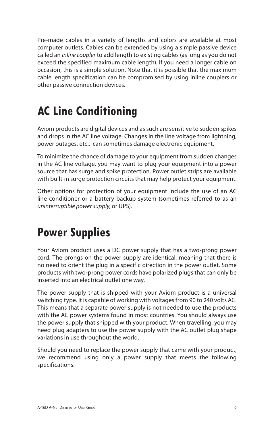 Ac line conditioning, Power supplies, Ac line conditioning power supplies | Aviom A-16D User Manual | Page 13 / 30