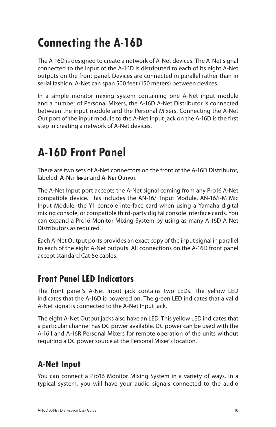 Connecting the a-16d, A-16d front panel, Front panel led indicators | A-net input, Connecting the a-16d a-16d front panel, Front panel led indicators a‑net input | Aviom A-16D User Manual | Page 17 / 30