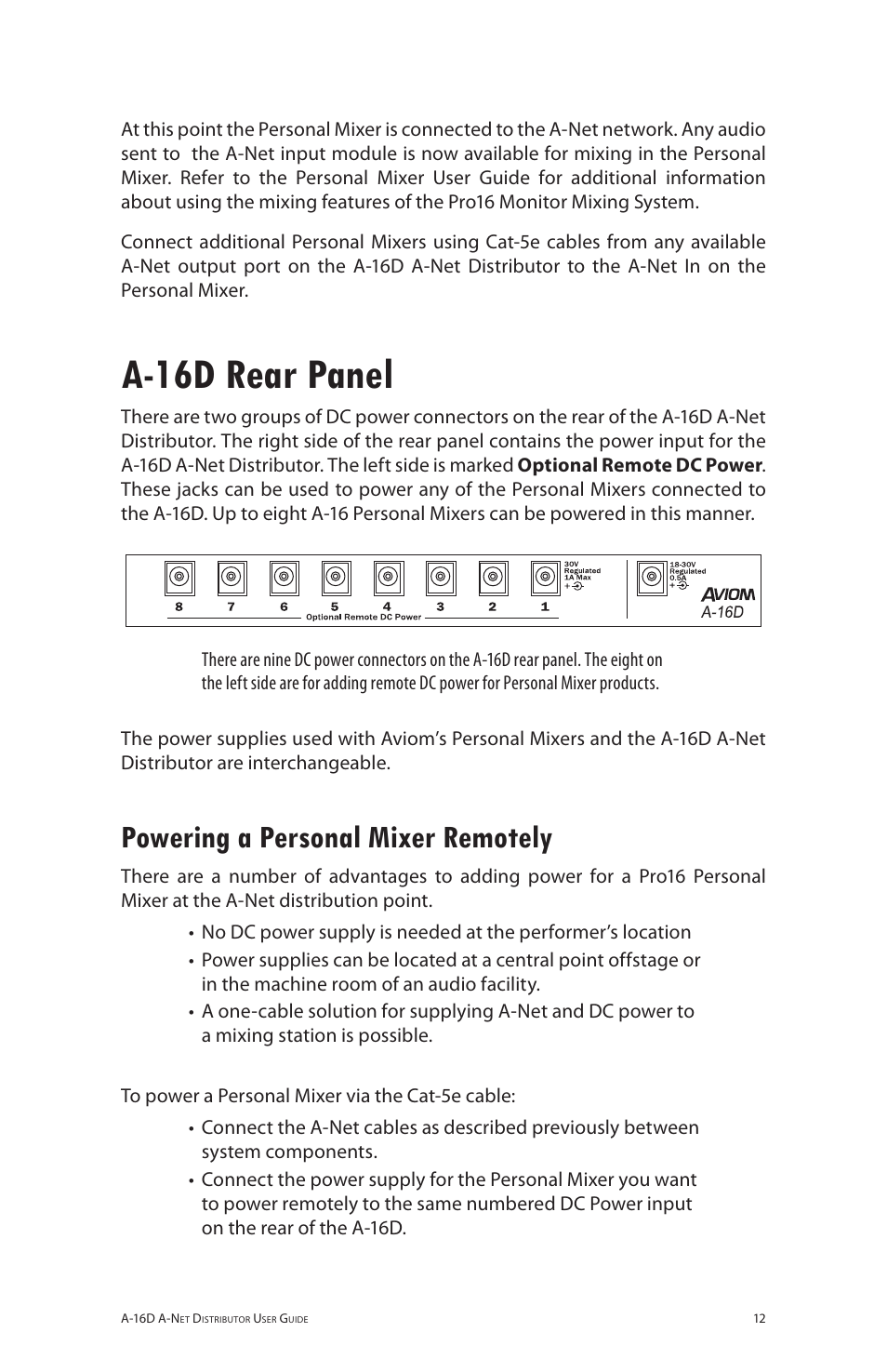 A-16d rear panel, Powering a personal mixer remotely | Aviom A-16D User Manual | Page 19 / 30