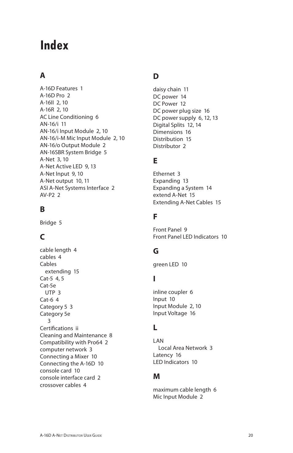 Index | Aviom A-16D User Manual | Page 27 / 30
