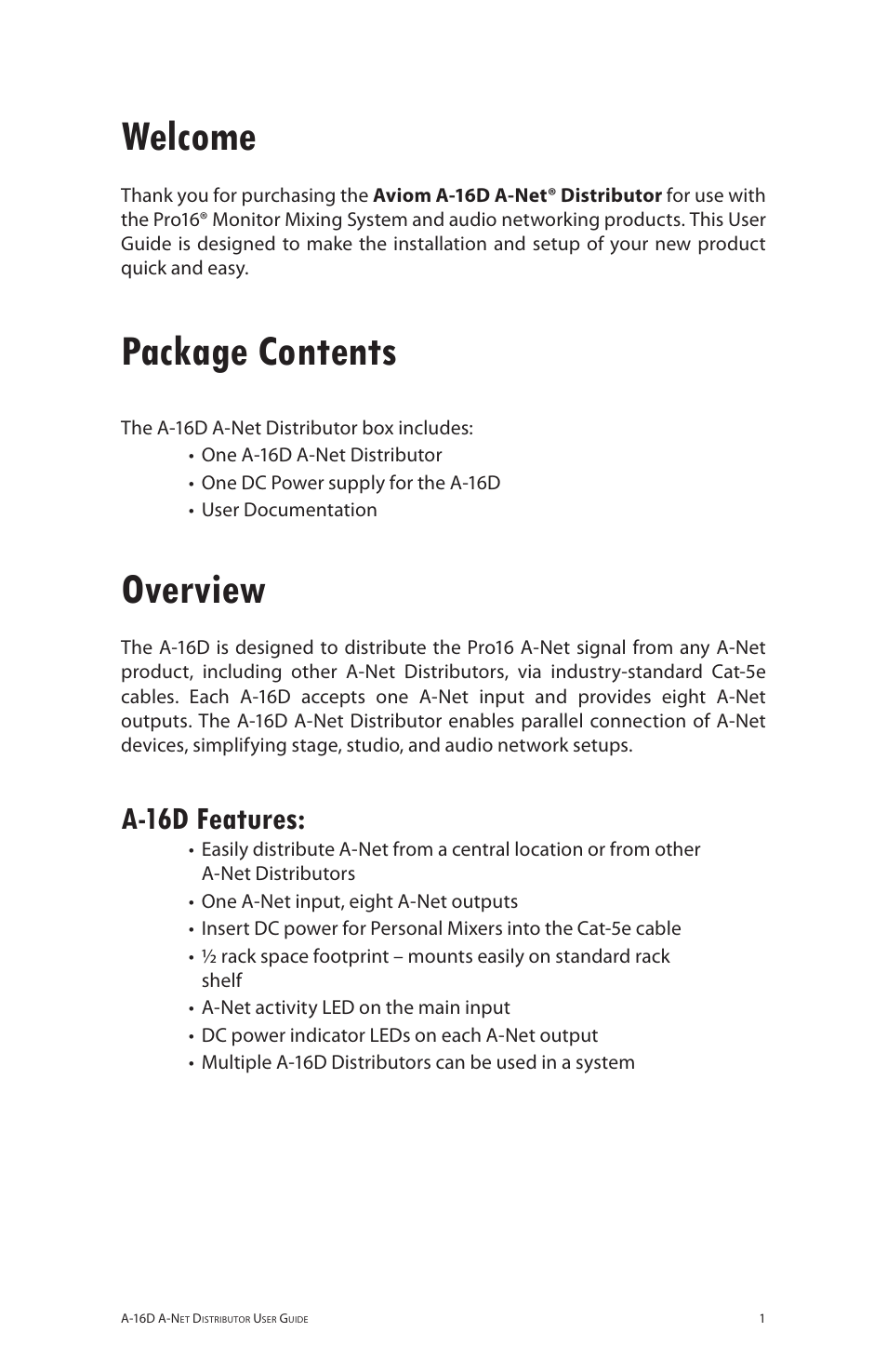 Welcome, Package contents, Overview | A-16d features, Welcome package contents overview, A‑16d features | Aviom A-16D User Manual | Page 8 / 30