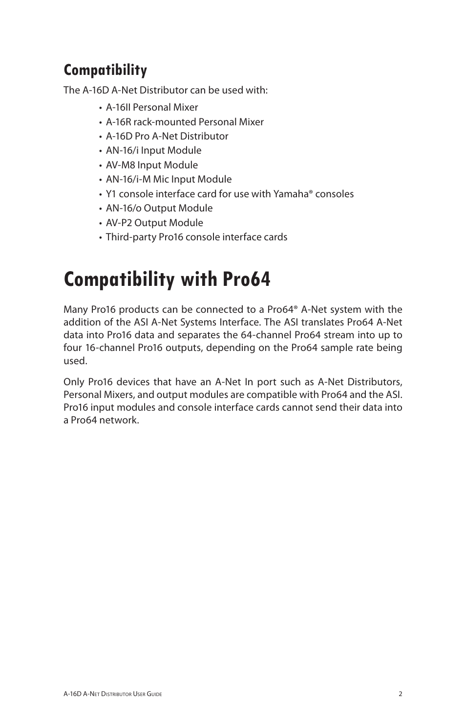 Compatibility, Compatibility with pro64 | Aviom A-16D User Manual | Page 9 / 30