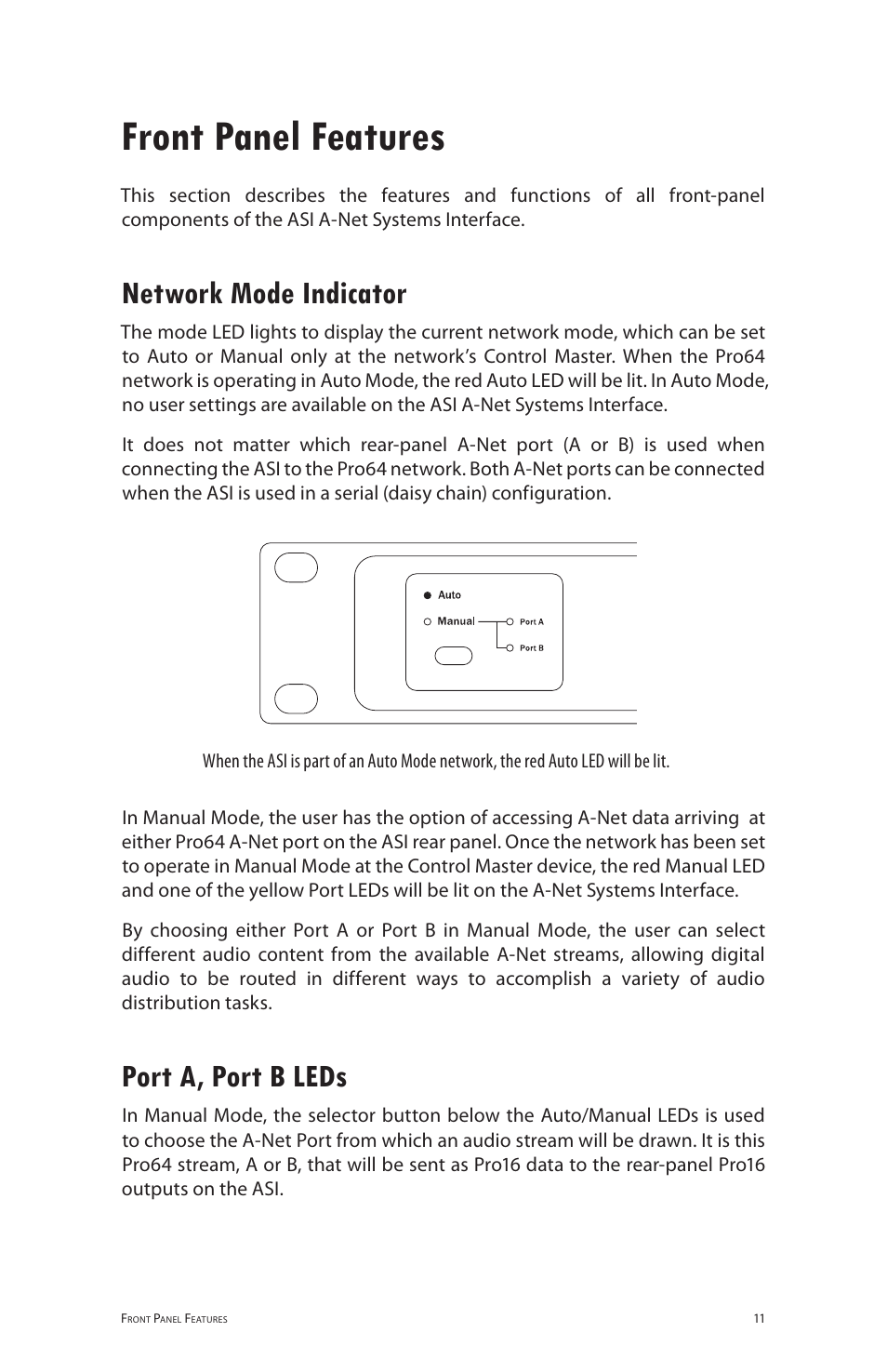 Front panel features, Network mode indicator, Port a, port b leds | Network mode indicator port a, port b leds | Aviom ASI User Manual | Page 19 / 40