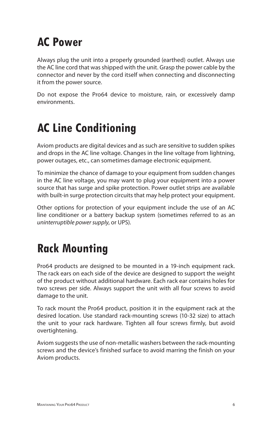 Ac power, Ac line conditioning, Rack mounting | Ac power ac line conditioning rack mounting | Aviom MH10f User Manual | Page 15 / 41