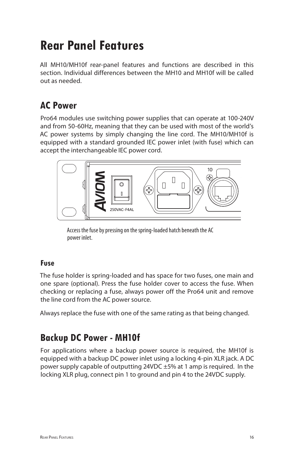 Rear panel features, Ac power, Fuse | Backup dc power - mh10f, Ac power fuse backup dc power ‑ mh10f | Aviom MH10f User Manual | Page 23 / 41