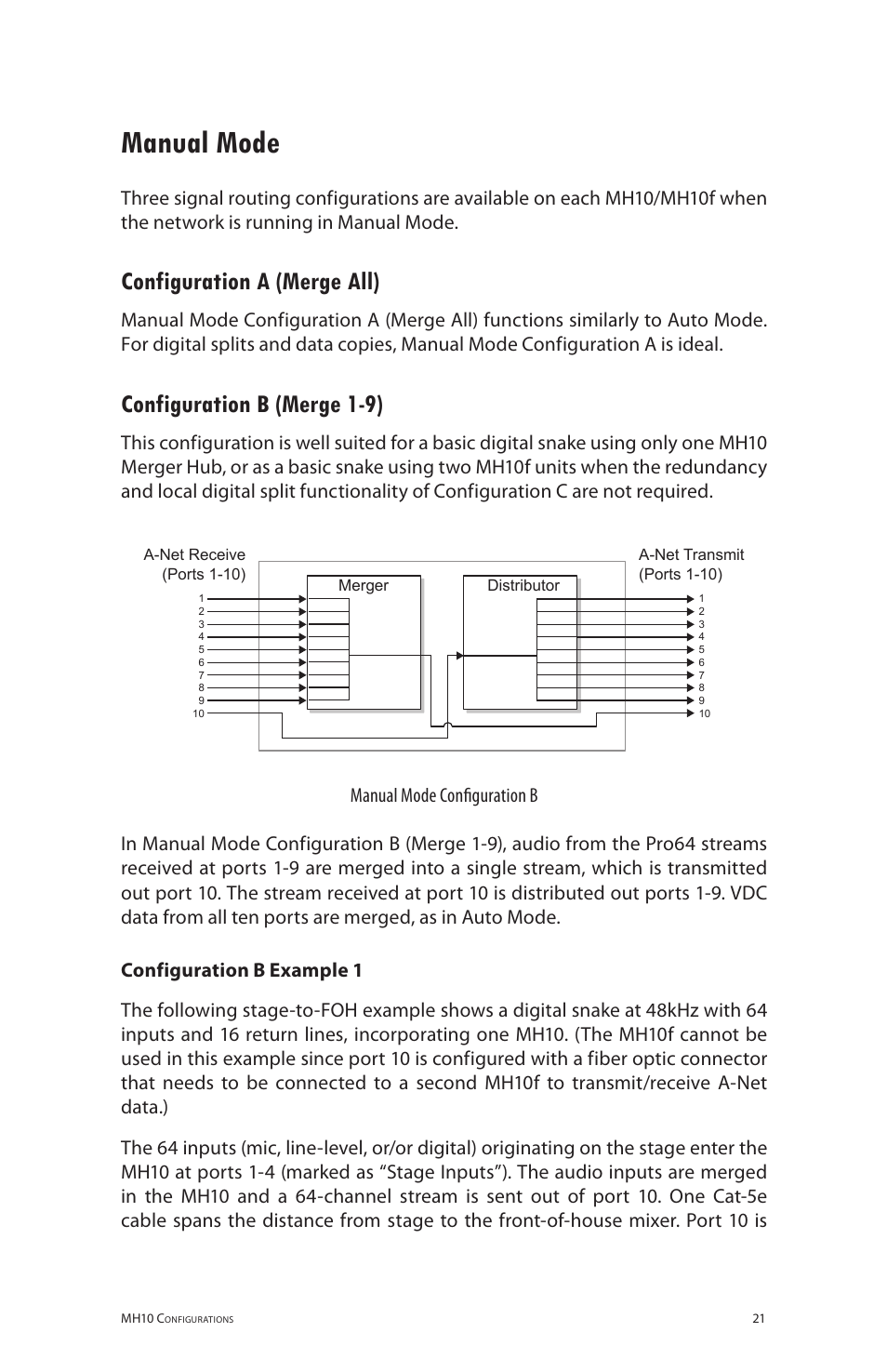 Manual mode, Configuration a (merge all), Configuration b (merge 1-9) | Aviom MH10f User Manual | Page 28 / 41