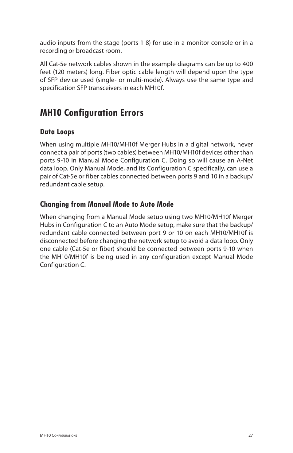 Mh10 configuration errors, Data loops, Changing from manual mode to auto mode | Aviom MH10f User Manual | Page 34 / 41