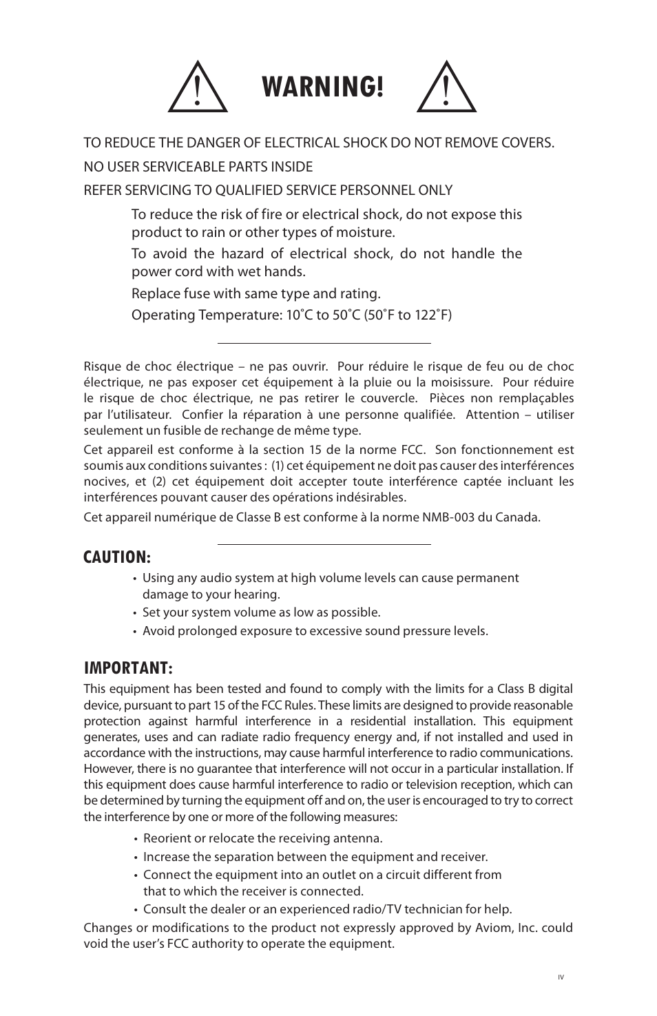 Warning, Caution, Important | Aviom MH10f User Manual | Page 4 / 41