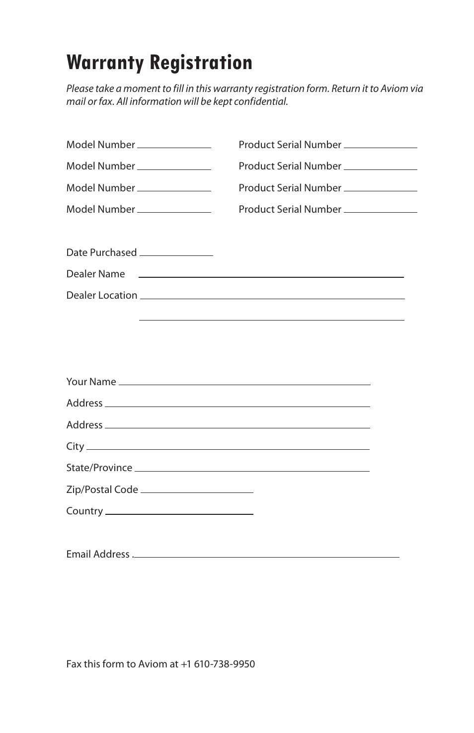 Warranty registration | Aviom MH10f User Manual | Page 40 / 41