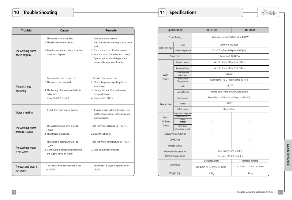 10 trouble shooting 11 specifications | Bio Bidet BLISS Premier Class Bidet Seat User Manual | Page 13 / 14