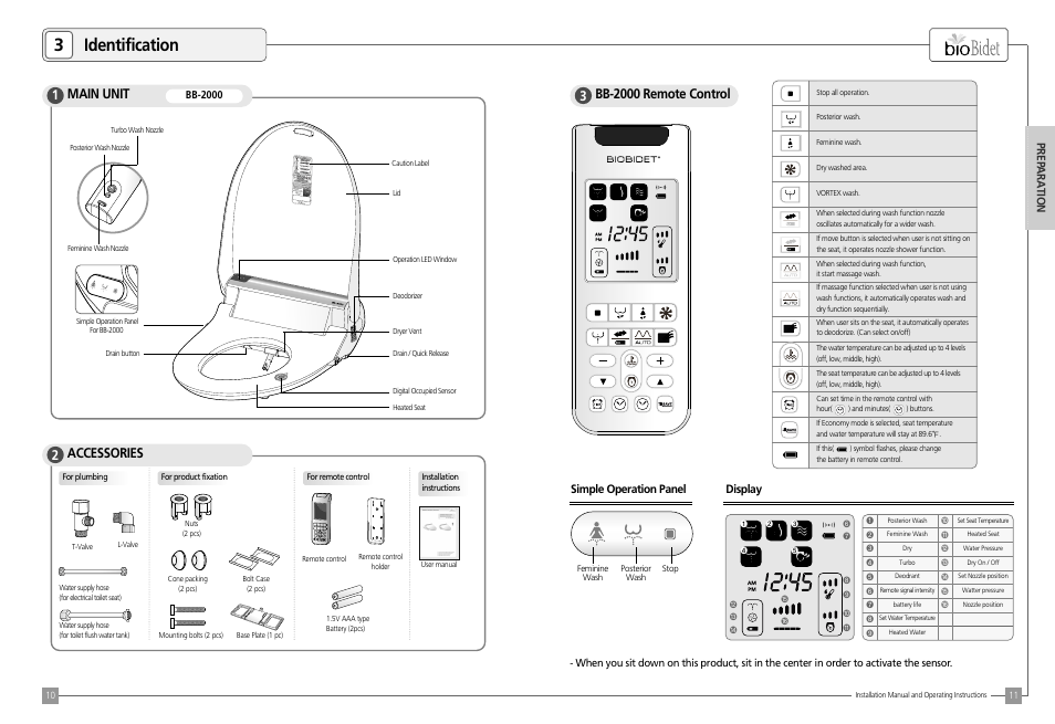 3identification, Main unit 1, Accessories 2 | Bio Bidet BLISS Premier Class Bidet Seat User Manual | Page 6 / 14