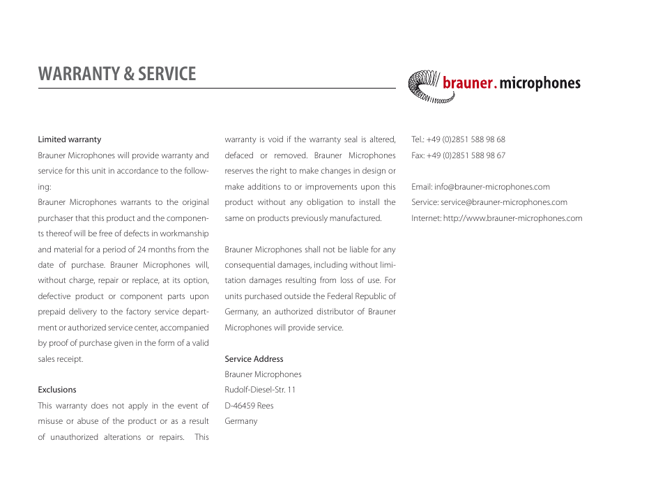 Warranty & service | Brauner Microphones Phanthera (V) User Manual | Page 6 / 8