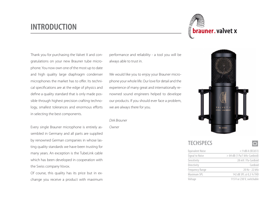 Introduction, Techspecs | Brauner Microphones Valvet X pure cardioid User Manual | Page 3 / 10