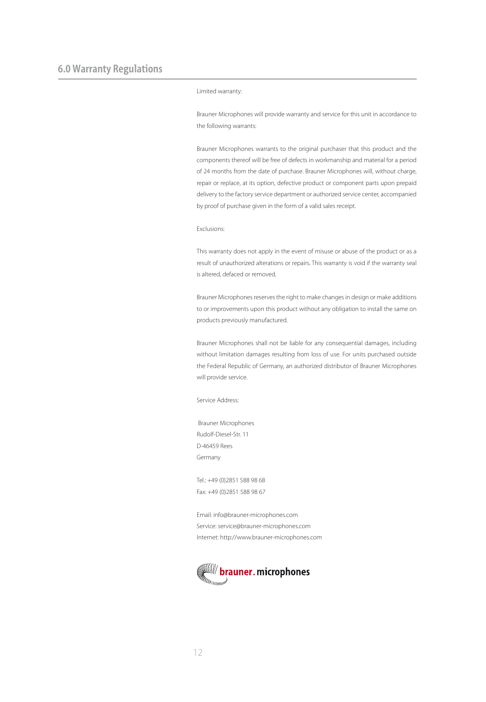 0 warranty regulations | Brauner Microphones VM1S User Manual | Page 12 / 14