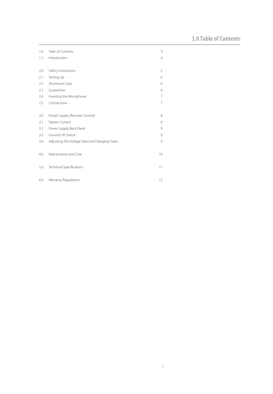 0 table of contents | Brauner Microphones VM1S User Manual | Page 3 / 14