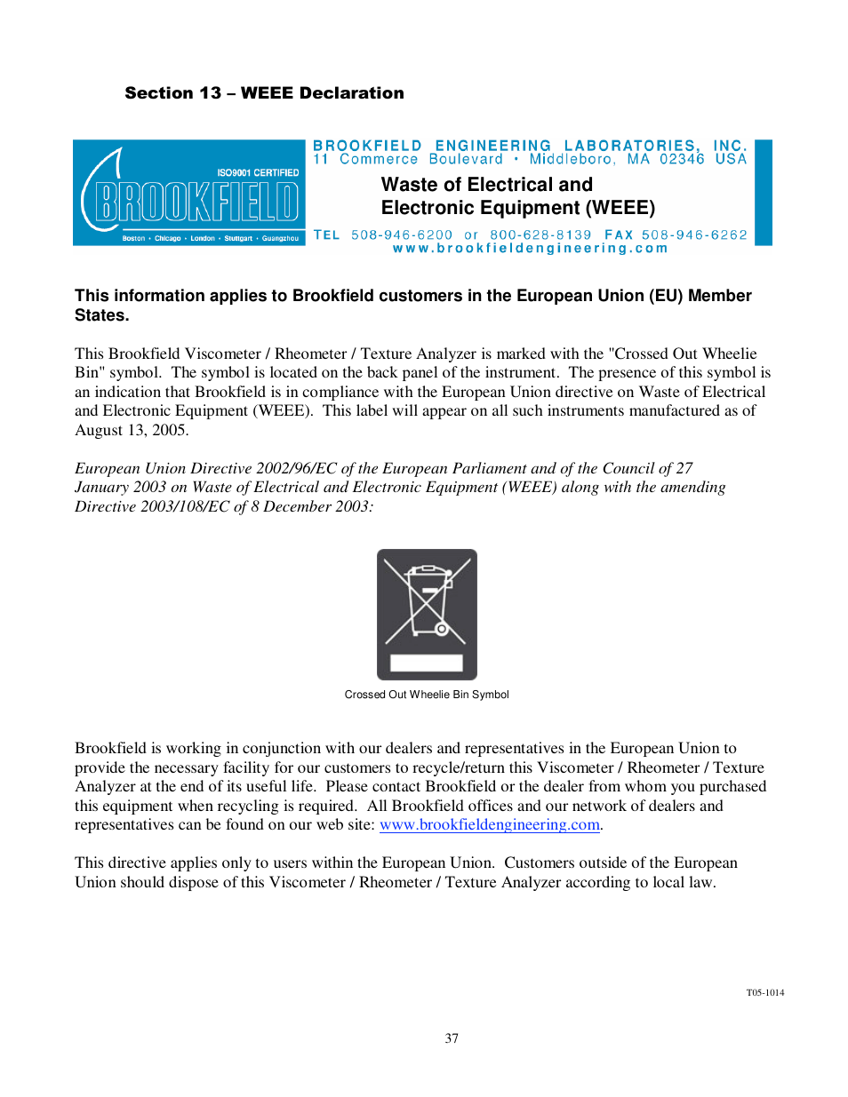 Brookfield Bath, Model TC-602 User Manual | Page 38 / 38