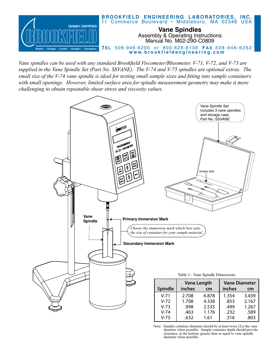 Brookfield Vane Spindles User Manual | 2 pages