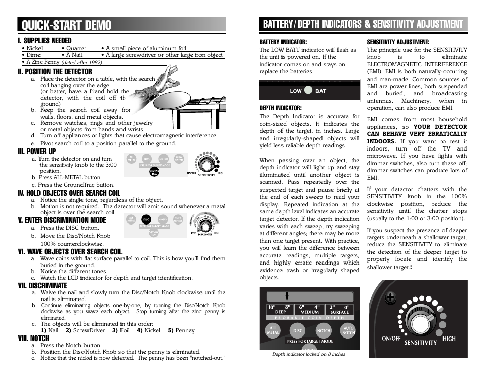 Quick-start demo, Battery/ depth indicators & sensitivity adjustment | Bounty Hunter PIONEER 505 User Manual | Page 11 / 16