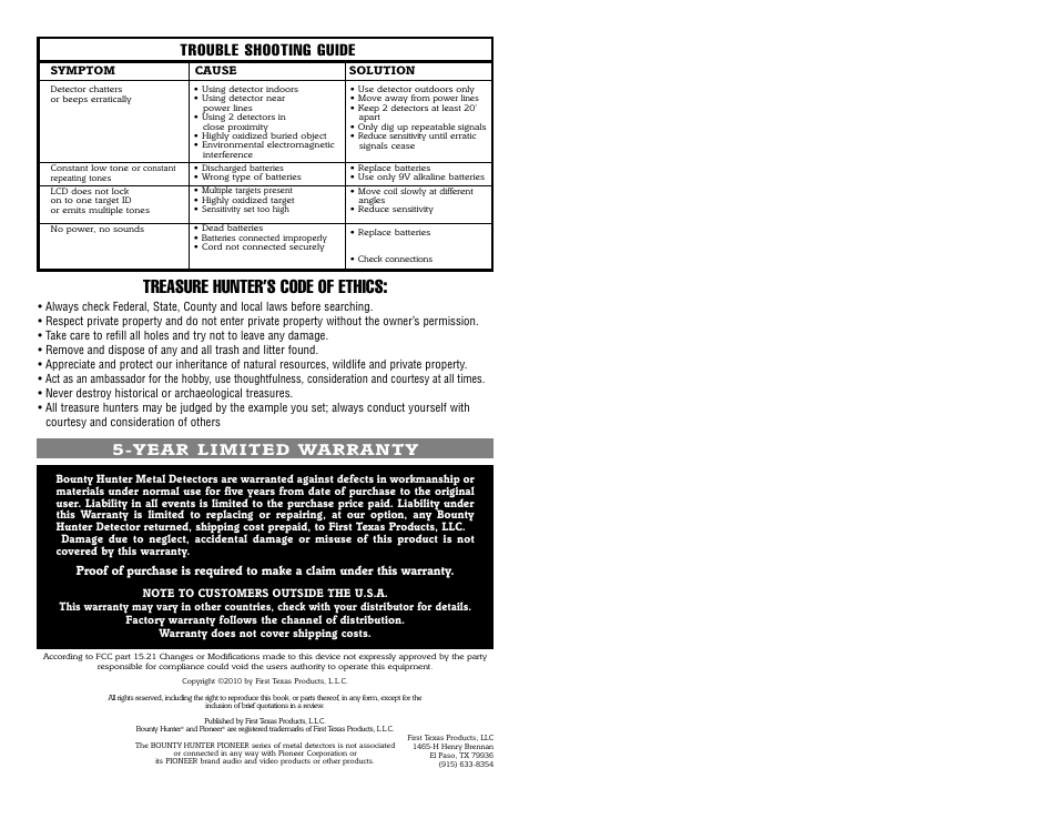 Treasure hunter’s code of ethics, Trouble shooting guide, Year limited warranty | Bounty Hunter PIONEER 505 User Manual | Page 16 / 16