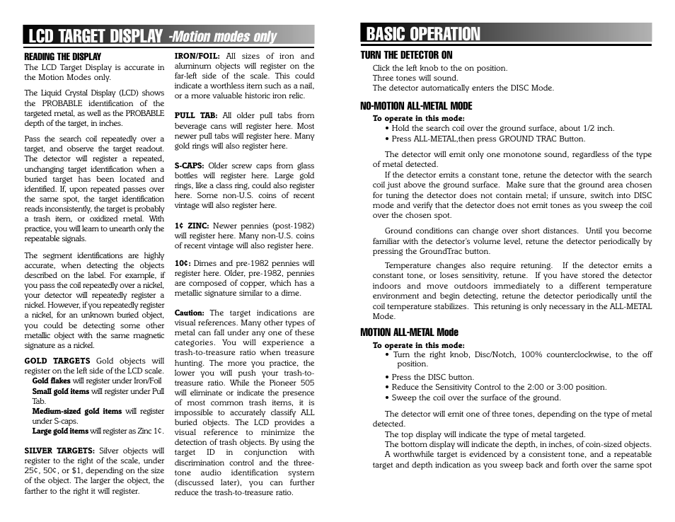 Basic operation, Lcd target display, Motion modes only | Bounty Hunter PIONEER 505 User Manual | Page 7 / 16