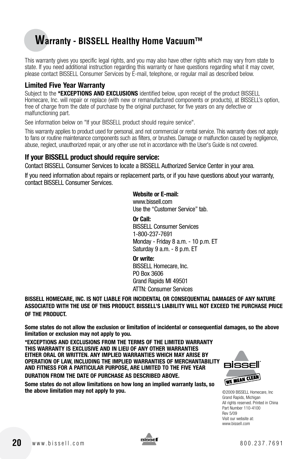 Arranty - bissell healthy home vacuum | Bissell 16N5 User Manual | Page 20 / 20