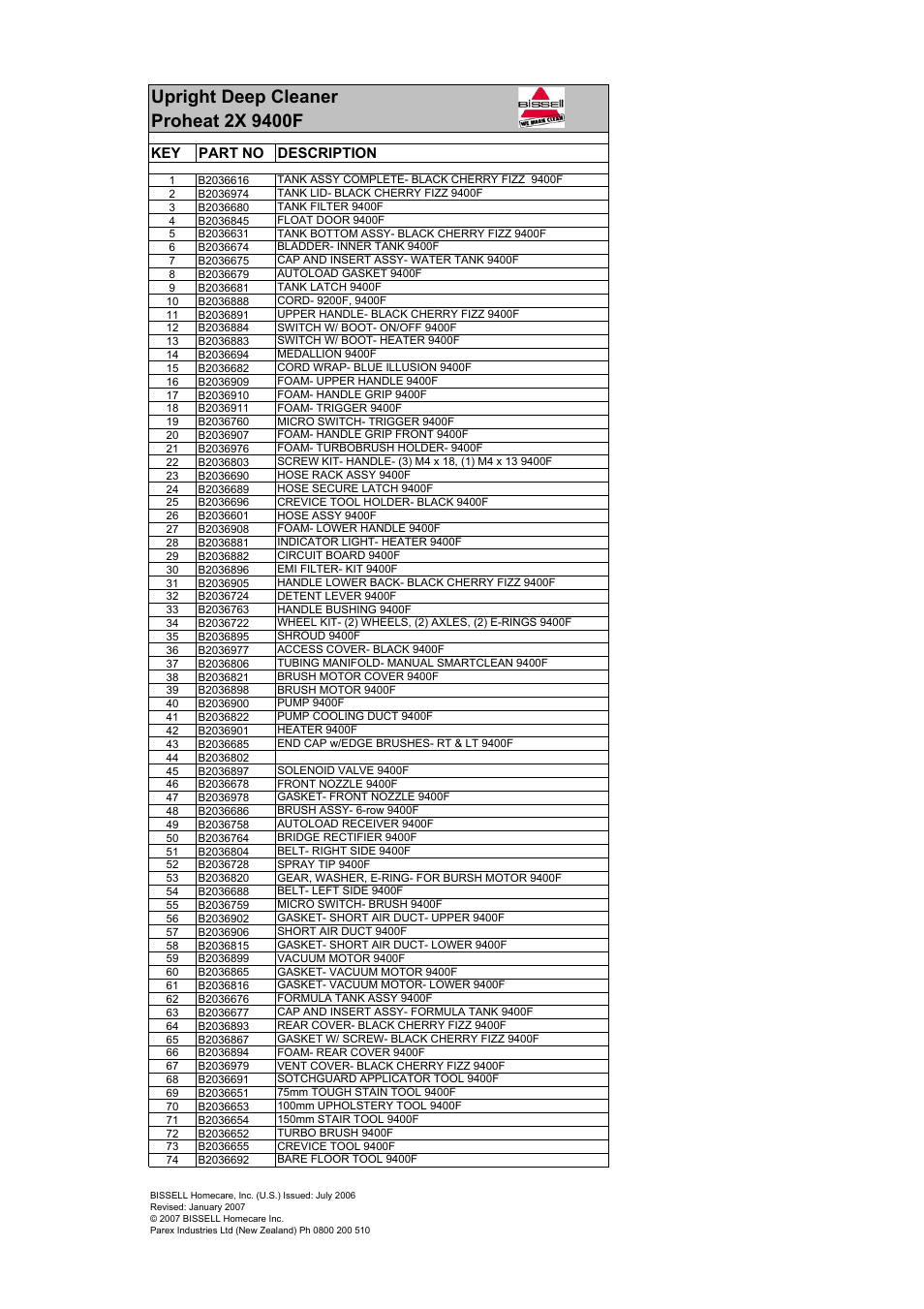 Key part no, Description | Bissell PROHEAT 9200G User Manual | Page 2 / 2