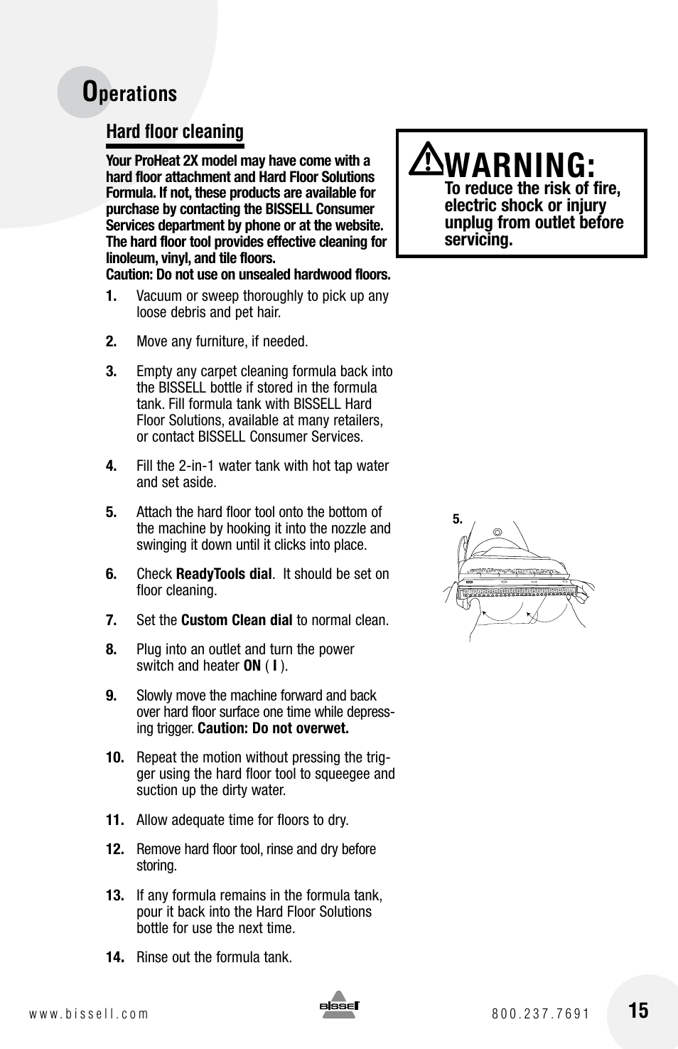 Warning, Perations, Hard floor cleaning | Bissell PROHEAT2X 8960 User Manual | Page 15 / 24