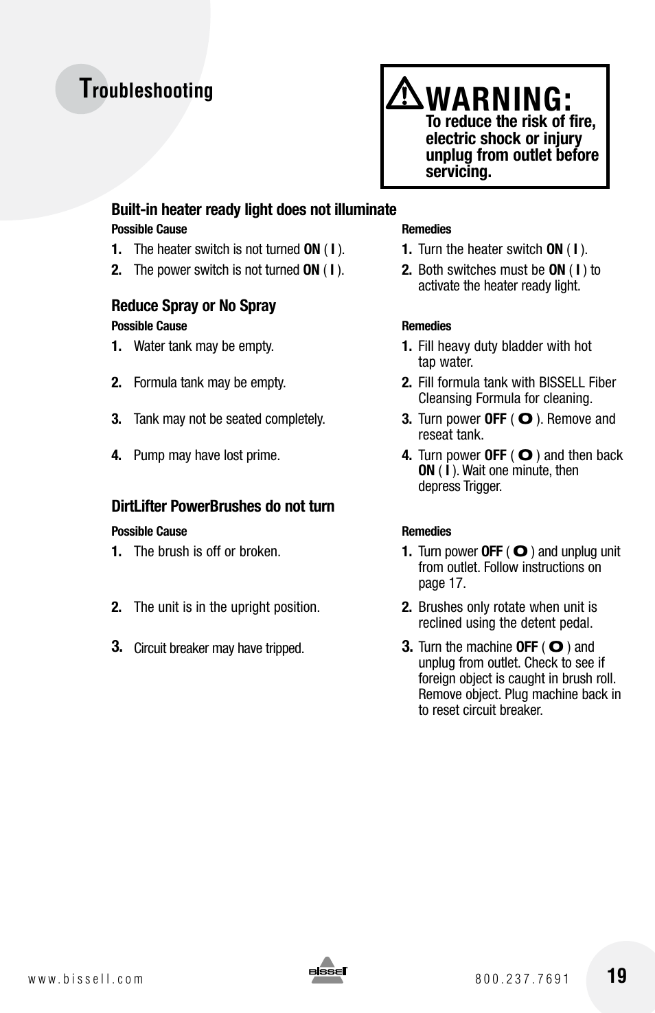 Warning, Roubleshooting | Bissell PROHEAT2X 8960 User Manual | Page 19 / 24