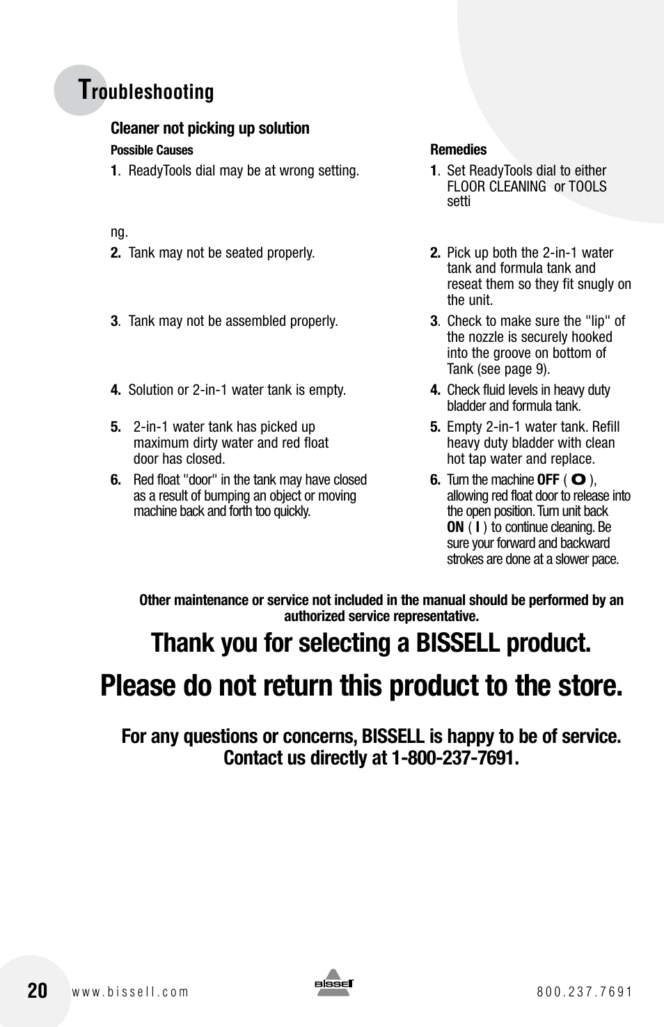 Please do not return this product to the store, Roubleshooting | Bissell PROHEAT2X 8960 User Manual | Page 20 / 24