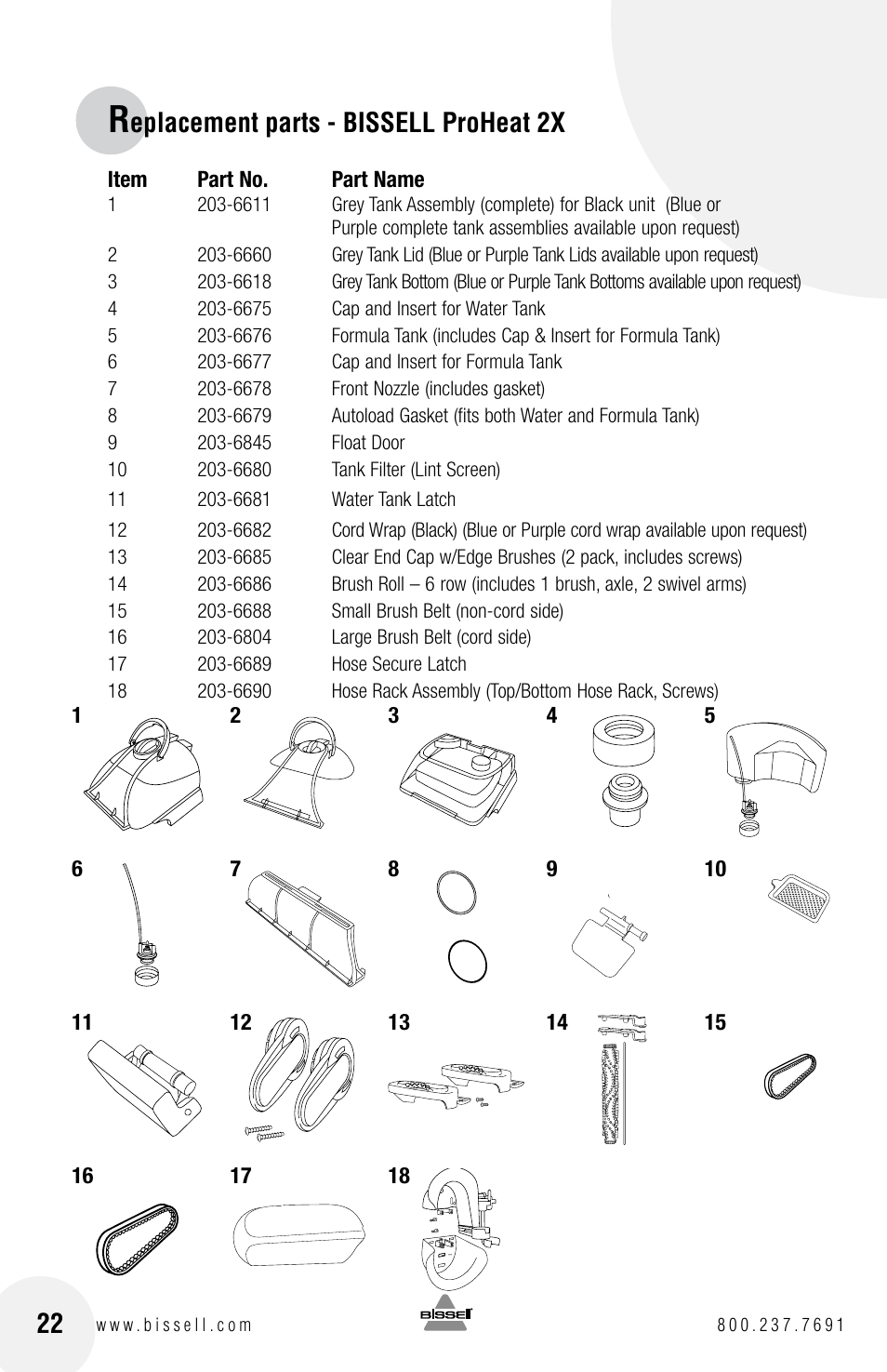 Eplacement parts - bissell proheat 2x | Bissell PROHEAT2X 8960 User Manual | Page 22 / 24