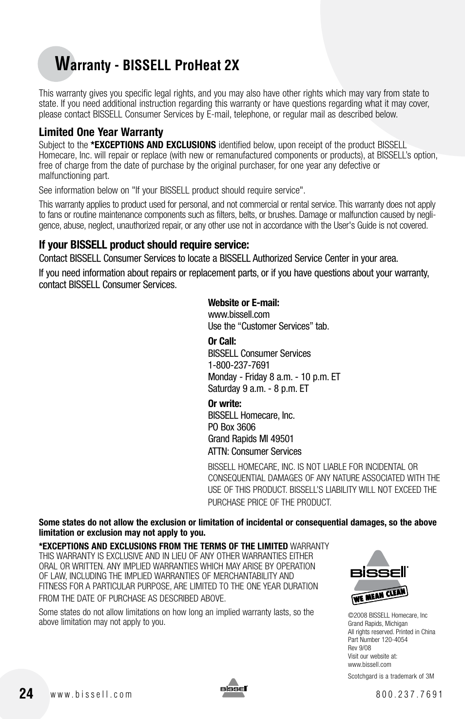 Arranty - bissell proheat 2x | Bissell PROHEAT2X 8960 User Manual | Page 24 / 24