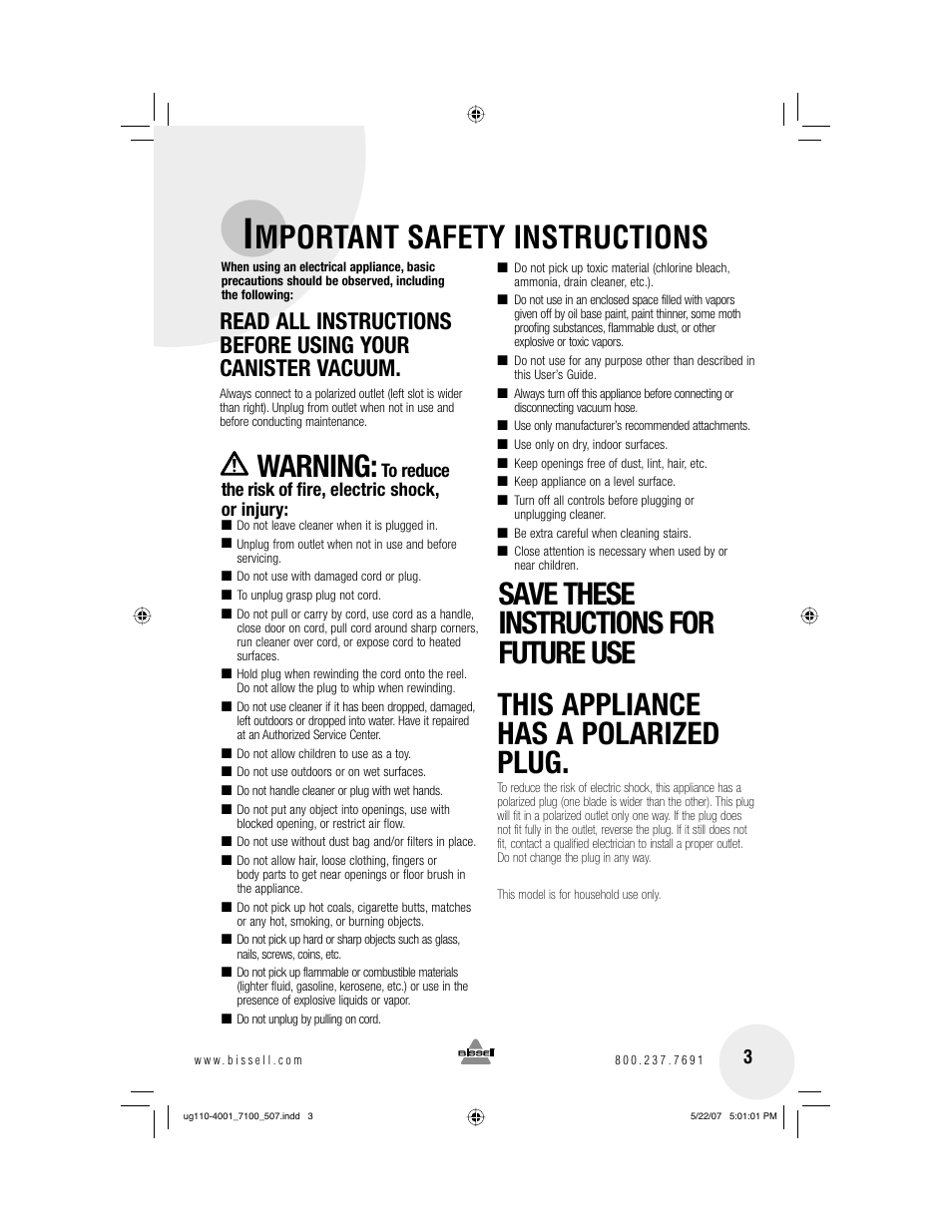 Mportant safety instructions, Warning | Bissell 7100 User Manual | Page 3 / 12