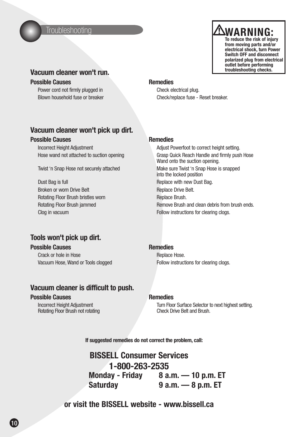 Warning, Troubleshooting, Bissell consumer services | Vacuum cleaner won't run, Vacuum cleaner won't pick up dirt, Tools won't pick up dirt, Vacuum cleaner is difficult to push | Bissell 6592 User Manual | Page 10 / 12