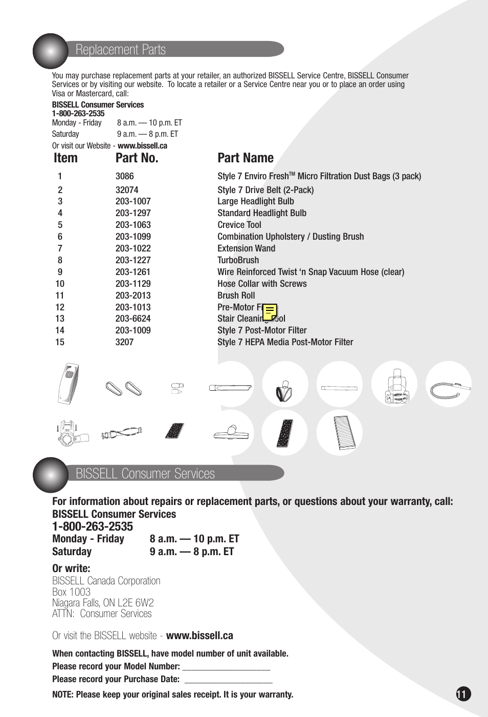 Replacement parts, Bissell consumer services, Item part no. part name | Bissell 6592 User Manual | Page 11 / 12