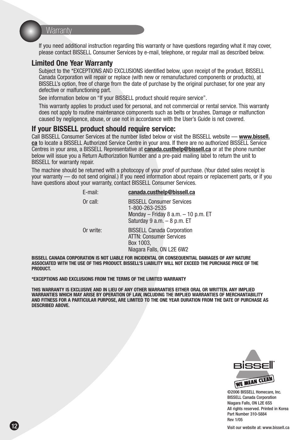 Warranty, Limited one year warranty, If your bissell product should require service | Bissell 6592 User Manual | Page 12 / 12