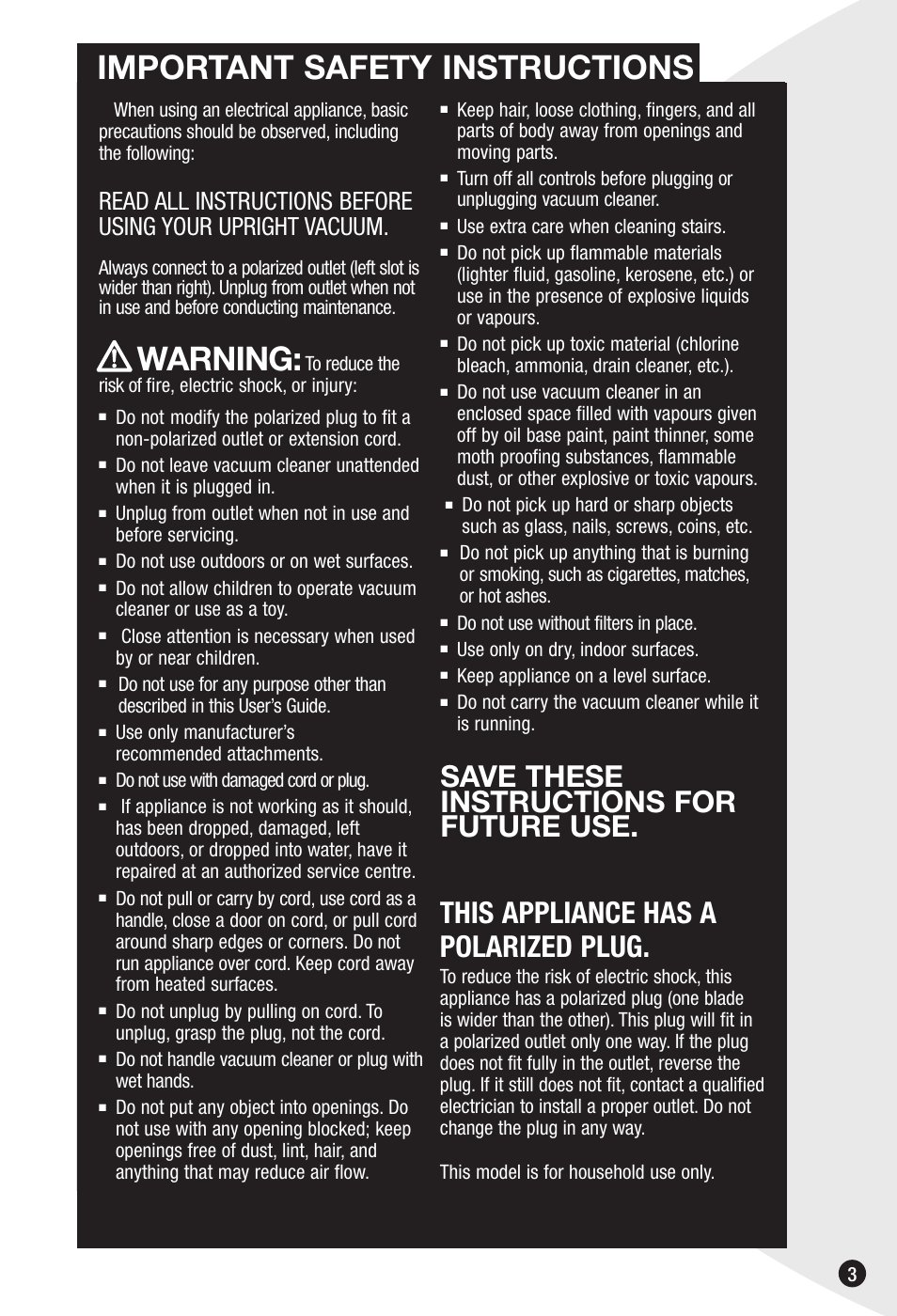 Important safety instructions, Warning, Save these instructions for future use | This appliance has a polarized plug | Bissell 6592 User Manual | Page 3 / 12