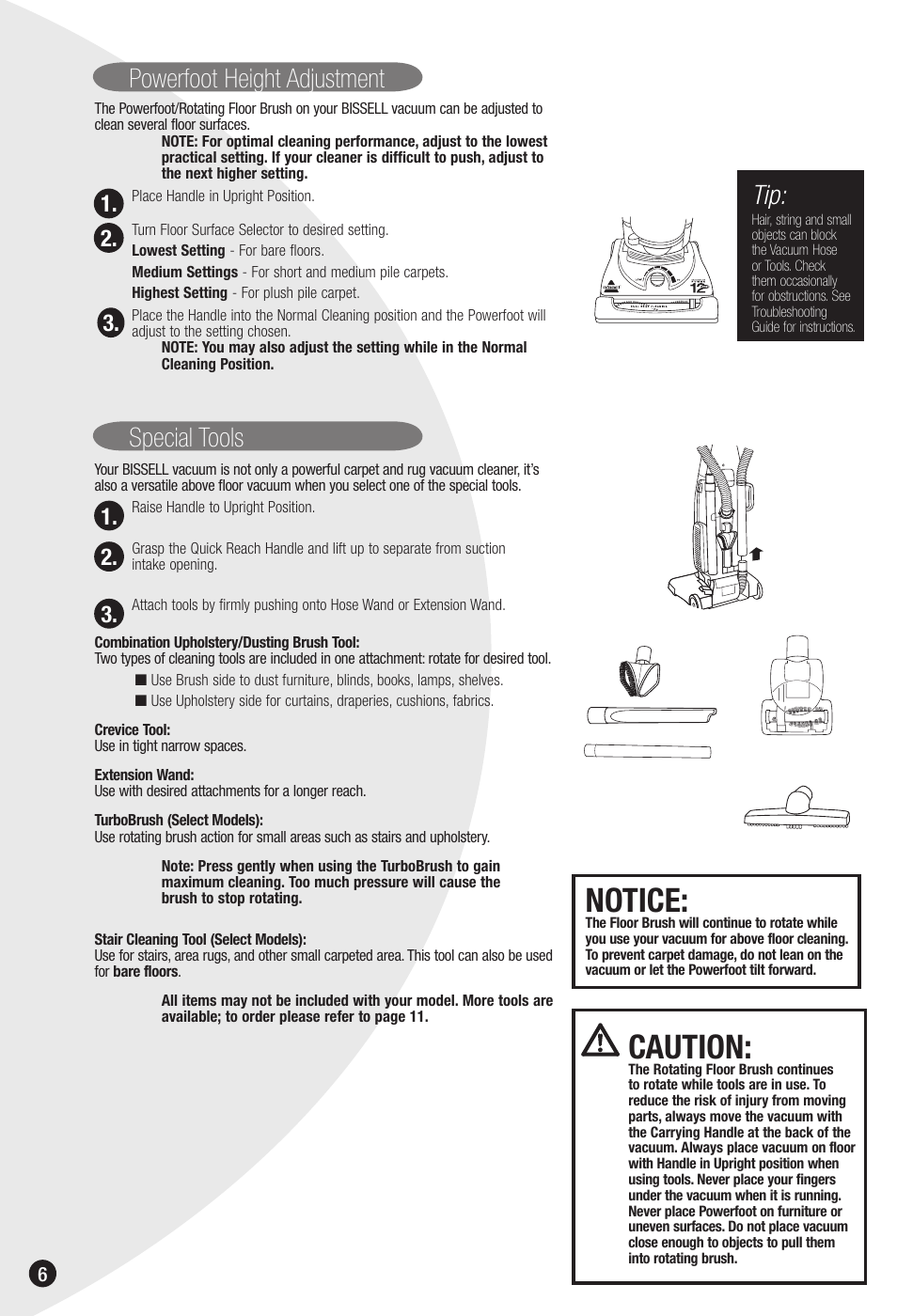 Caution, Notice, Powerfoot height adjustment | Special tools | Bissell 6592 User Manual | Page 6 / 12