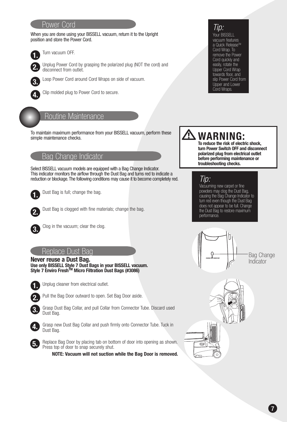 Warning, Replace dust bag, Never reuse a dust bag | Bag change indicator | Bissell 6592 User Manual | Page 7 / 12
