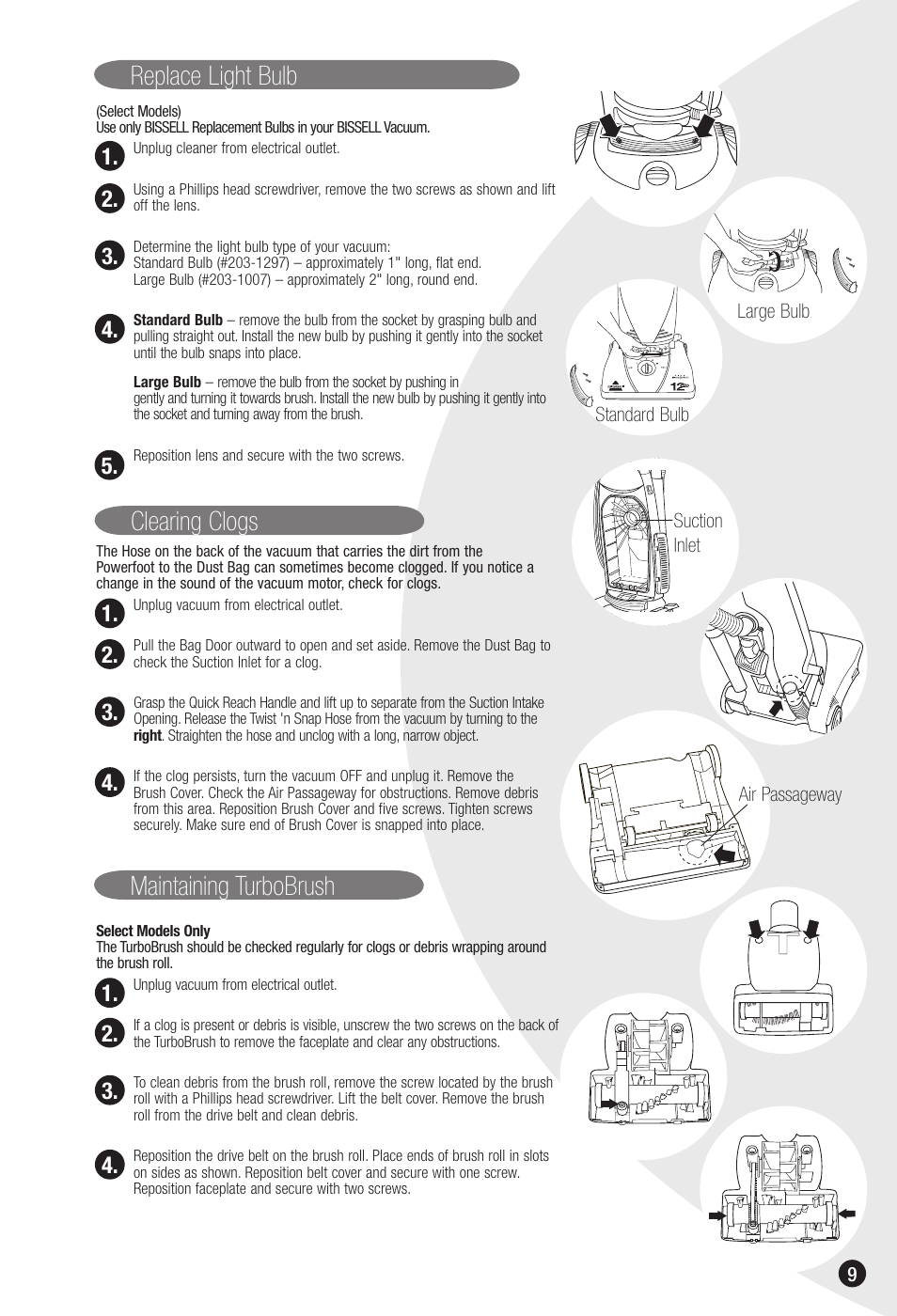 Maintaining turbobrush, Replace light bulb clearing clogs | Bissell 6592 User Manual | Page 9 / 12