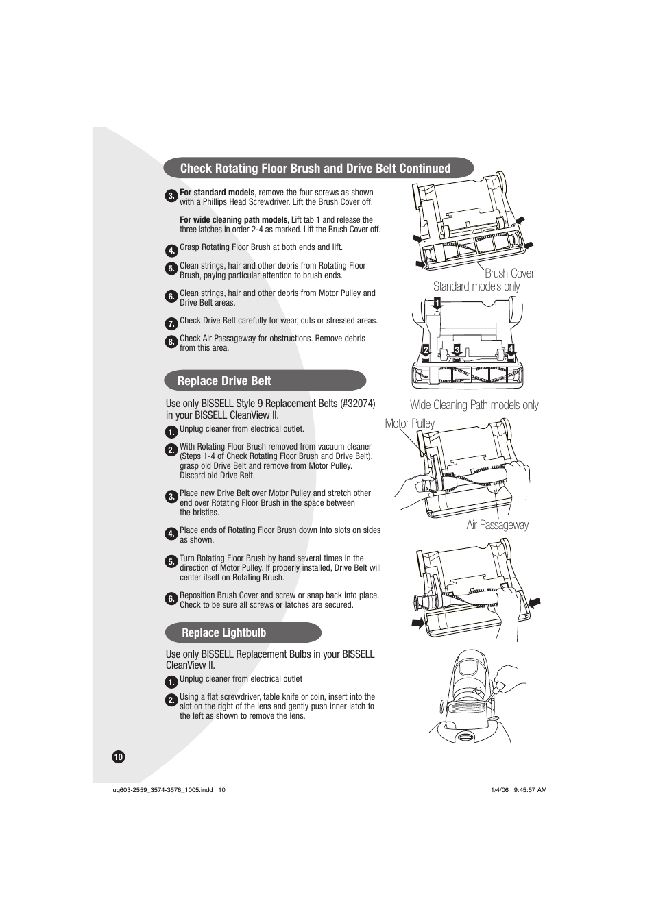 Replace drive belt, Motor pulley, Replace lightbulb | Bissell 3574 User Manual | Page 10 / 16