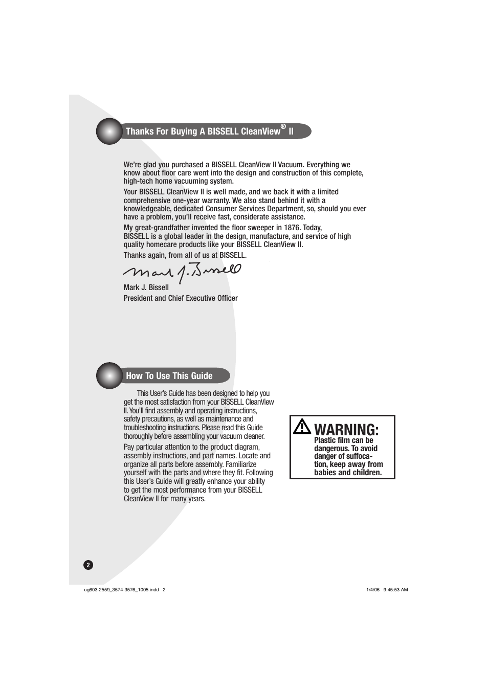 Warning | Bissell 3574 User Manual | Page 2 / 16