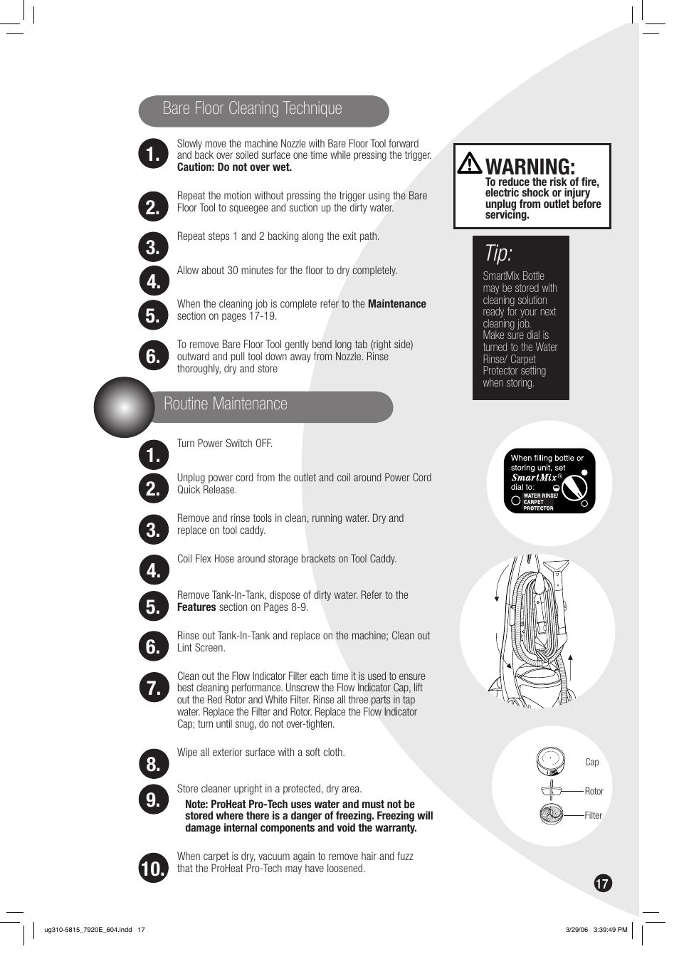 Warning, Routine maintenance, Bare floor cleaning technique | Bissell 7920 User Manual | Page 17 / 24