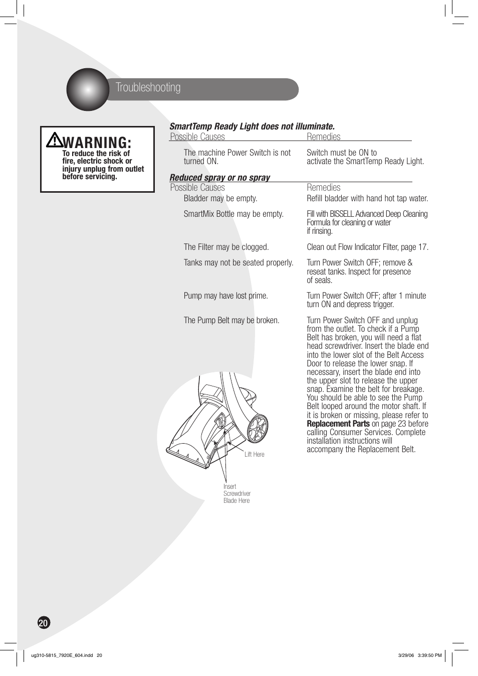 Warning, Troubleshooting | Bissell 7920 User Manual | Page 20 / 24