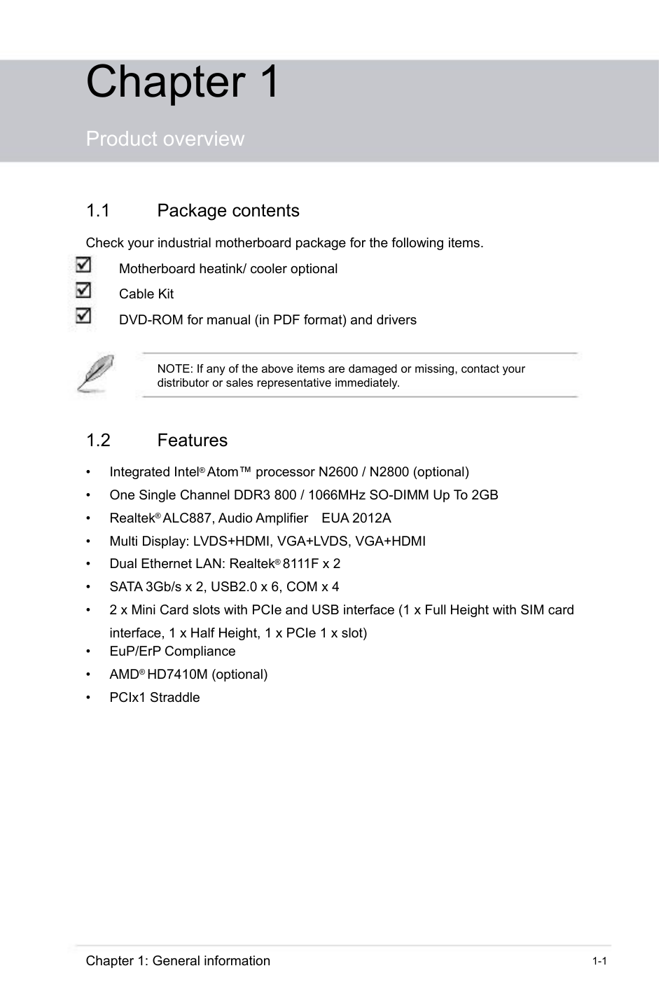 Chapter 1, Product overview, 1 package contents | Features | faytech Industrial Motherboard Series User Manual | Page 5 / 44